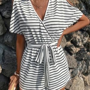 Striped Print Cut Out Batwing Sleeve Belted Romper